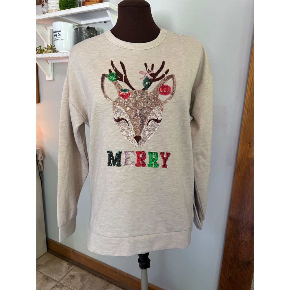 Chenault Womens Sequin Reindeer Merryā Christmas Sweatshirt Oatmeal Tan Medium